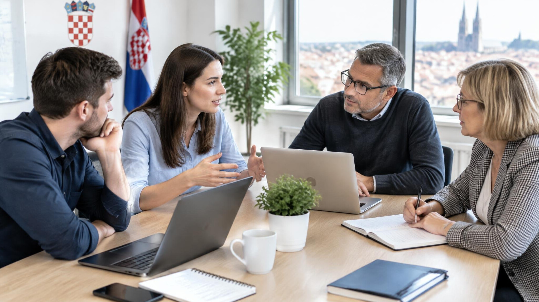 Team meeting around a table with laptops