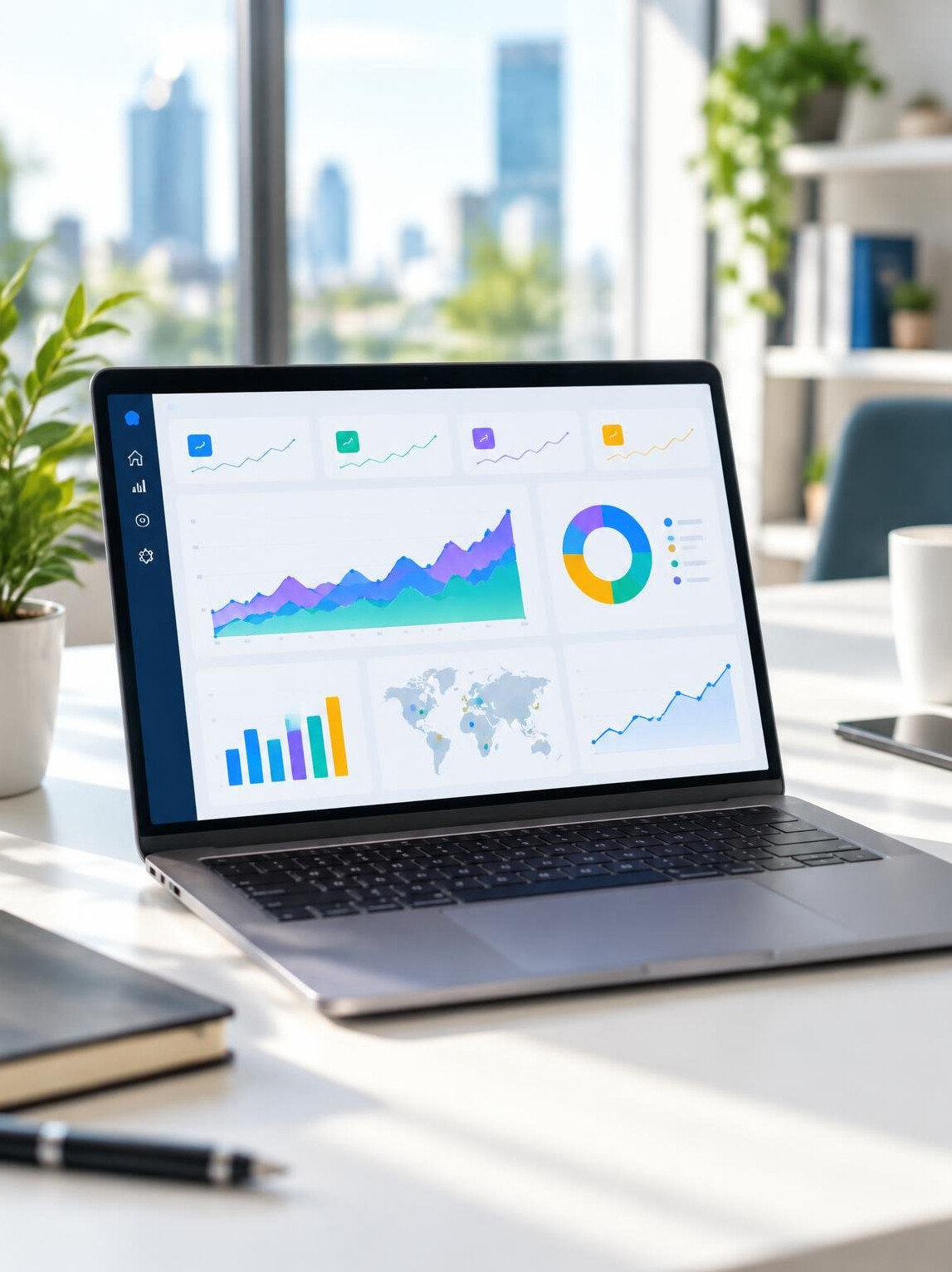 Laptop with analytics dashboard charts on a desk